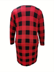 Women's Plus Gingham Print Long Sleeve Dress w/ Pockets