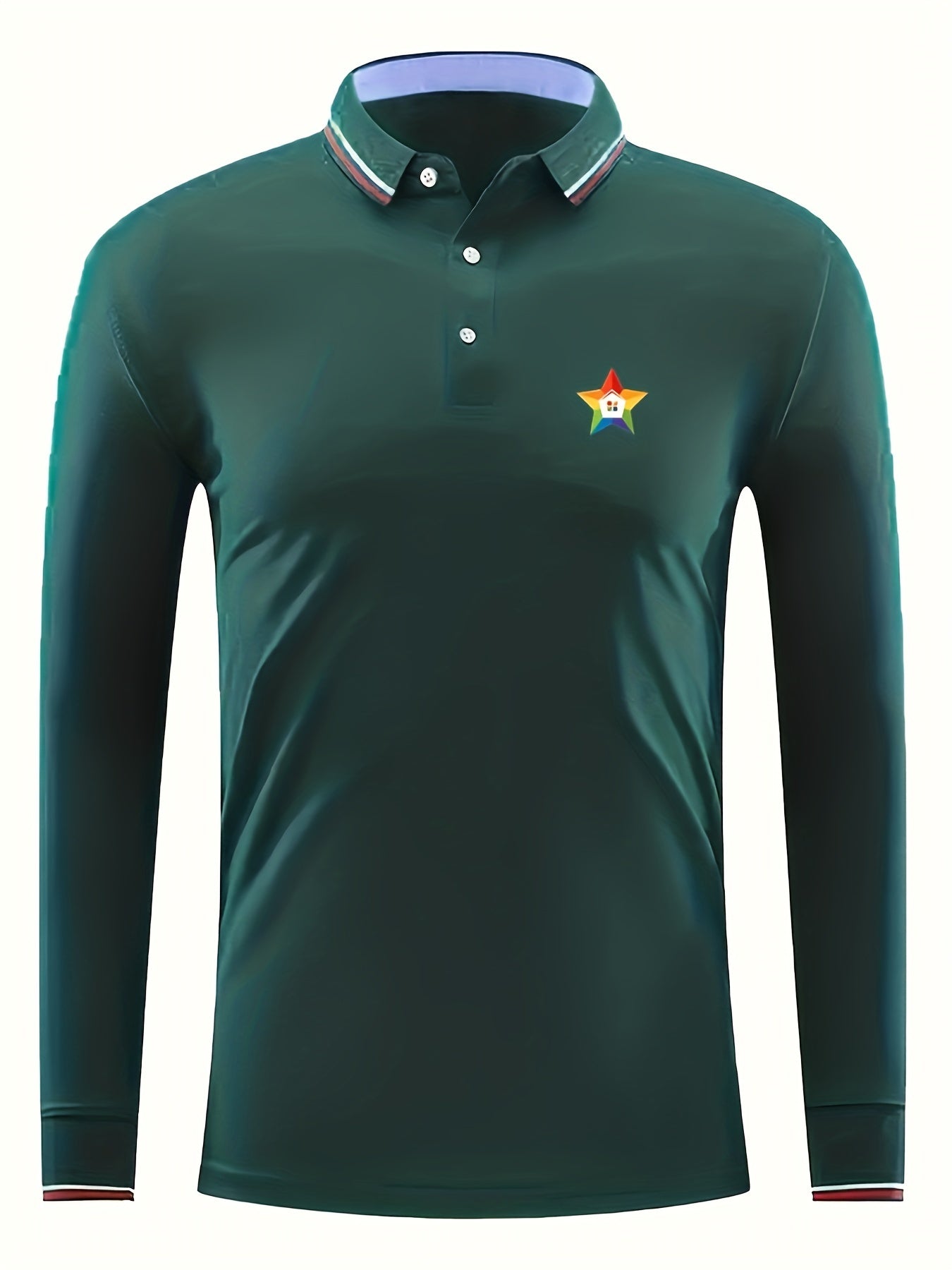 Men's Star Print Polo Shirt Casual Long Sleeve Button Up Shirt