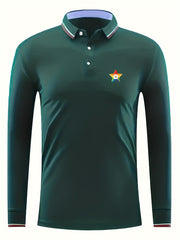 Men's Star Print Polo Shirt Casual Long Sleeve Button Up Shirt