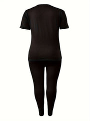 Women's Plus Bear & Letter Print Top & Leggings Outfits 2 Piece Set