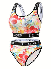Tie Dye Floral Print Tank Bra & Underwear Set