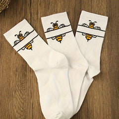 Cartoon Bee Print Socks Women's Mid Tube Stockings