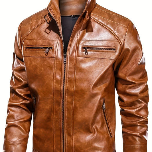 Men's Solid PU Zip Jacket Stand Collar