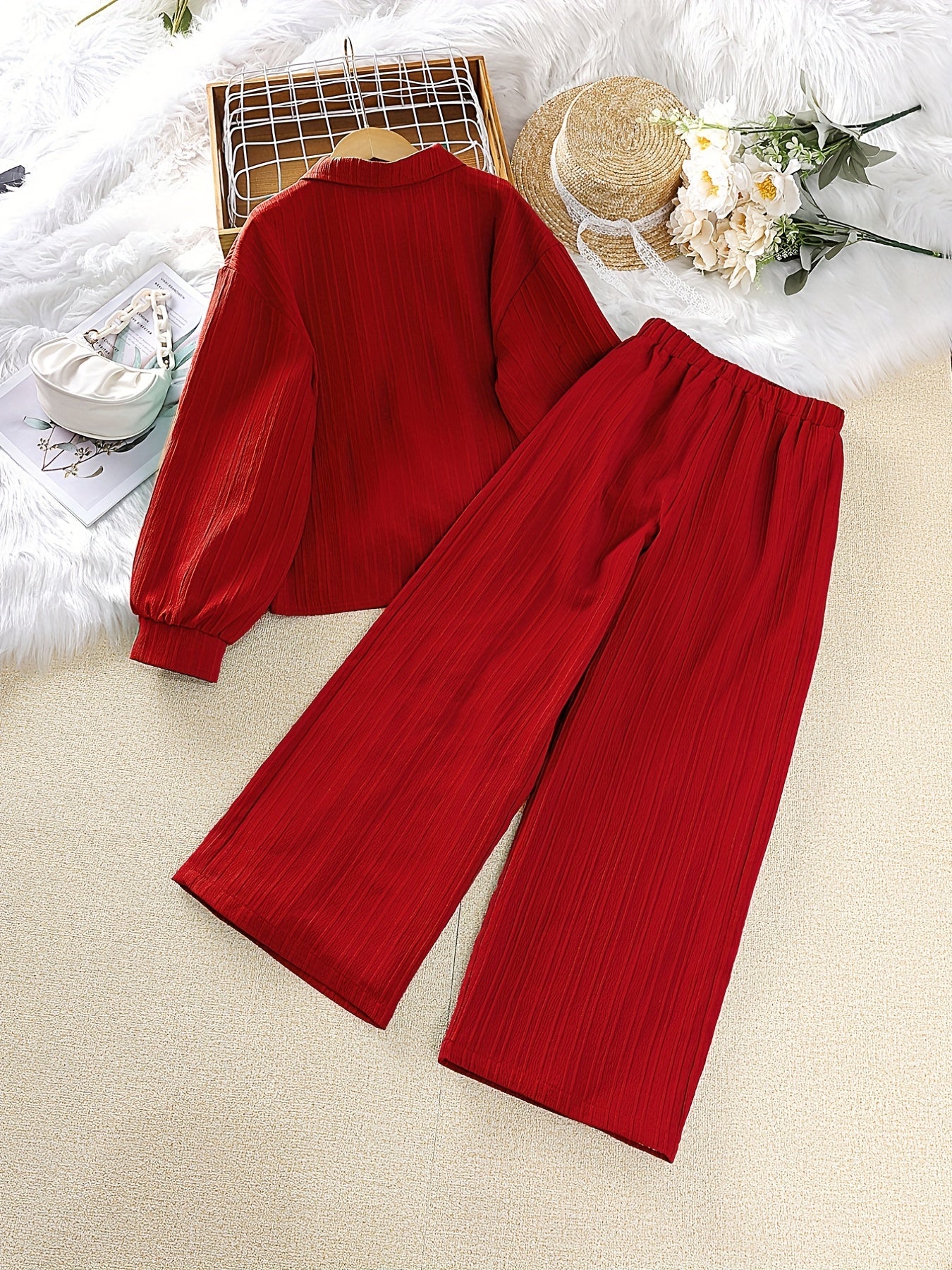 Girls Long Sleeve Button Down Blouse Top & Elastic Waist Wide Leg Pants 2pcs Set