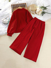 Girls Long Sleeve Button Down Blouse Top & Elastic Waist Wide Leg Pants 2pcs Set
