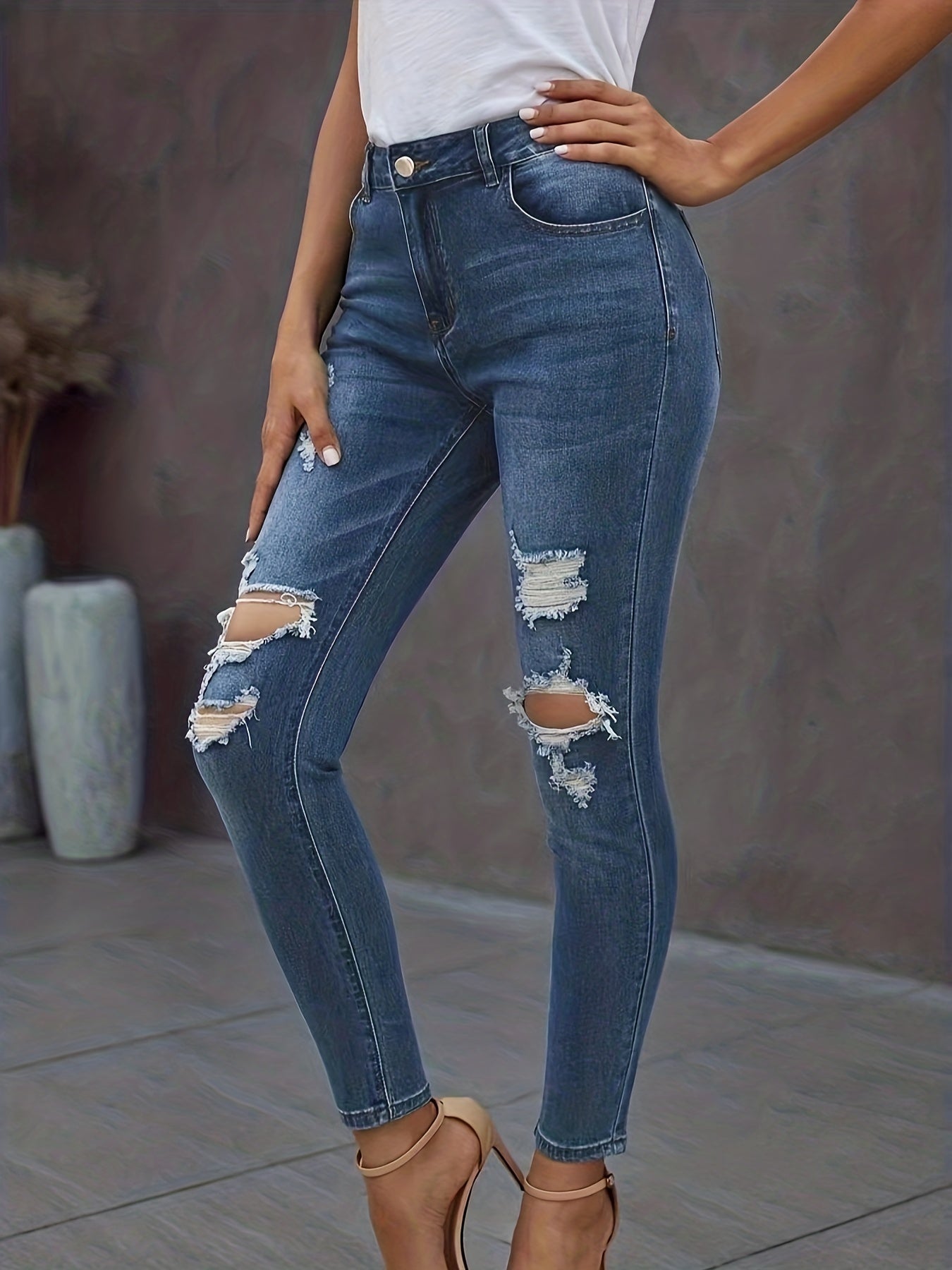 High Stretch Skinny Jeans Whiskering Knee Cut Distressed Denim Pants
