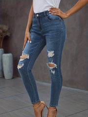 High Stretch Skinny Jeans Whiskering Knee Cut Distressed Denim Pants