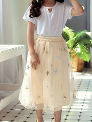 Girls Star Decor Tulle Skirt High Waist Mesh Layered Maxi Skirt