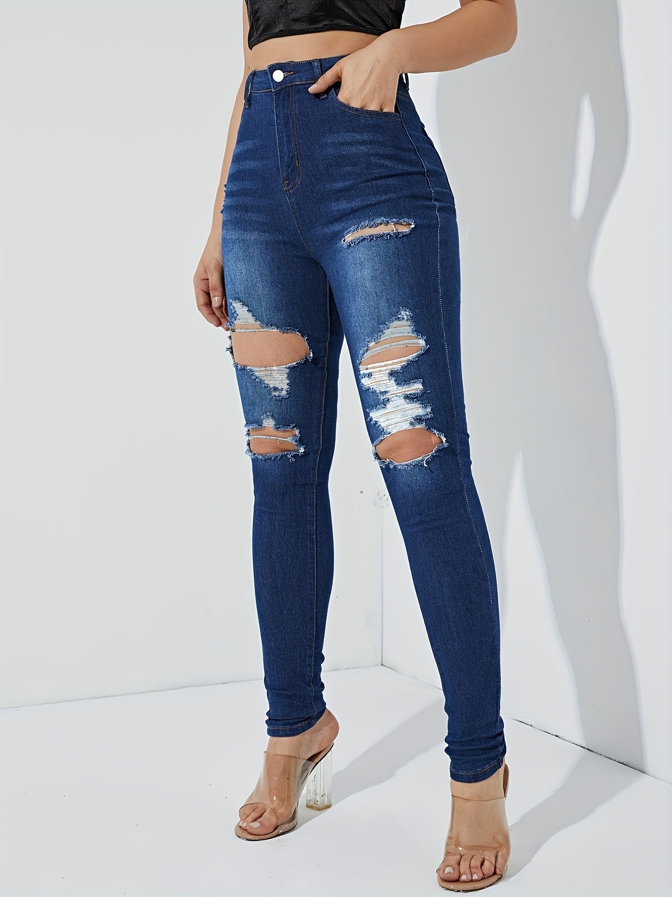 High Waist Ripped Skinny Jeans Whiskering Stretchy High Rise