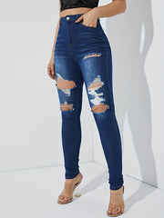 High Waist Ripped Skinny Jeans Whiskering Stretchy High Rise