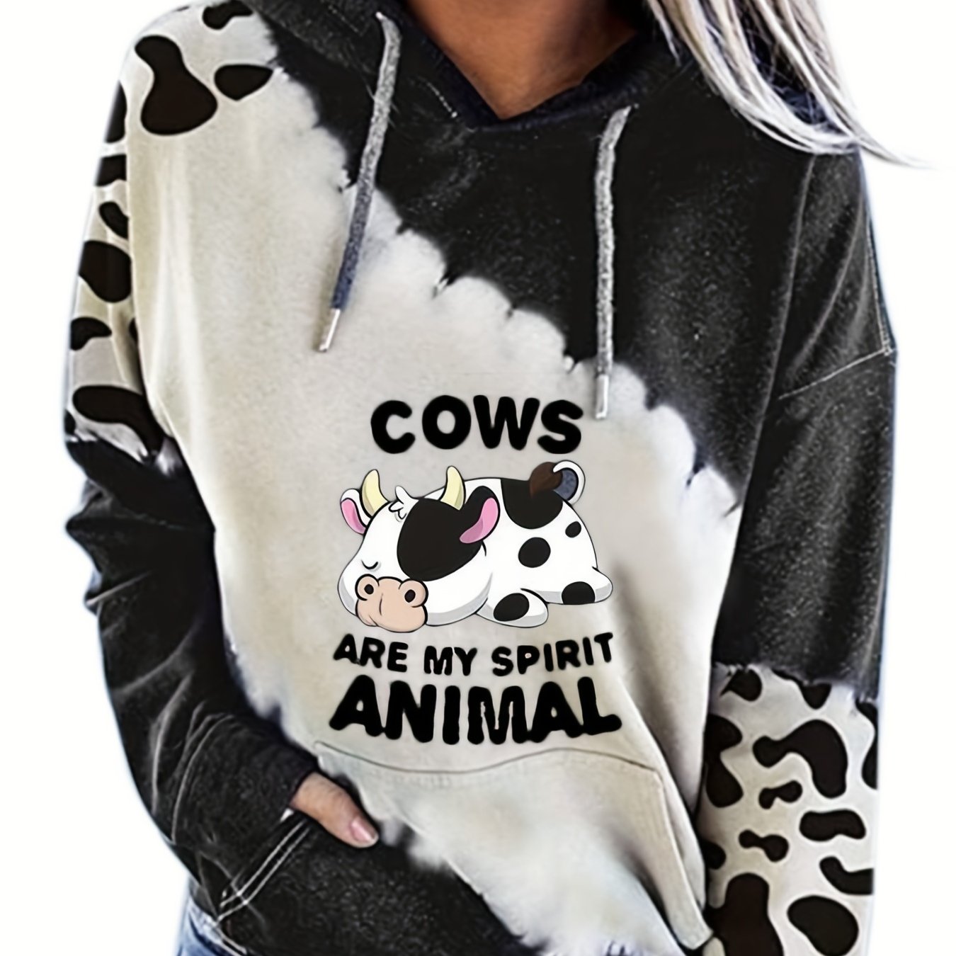 Cow Print Kangaroo Pocket Hoodie Long Sleeve Hoodies Sweatshirt
