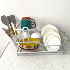 2-Tier Aluminum Dish Drying Rack with Utensil Holder