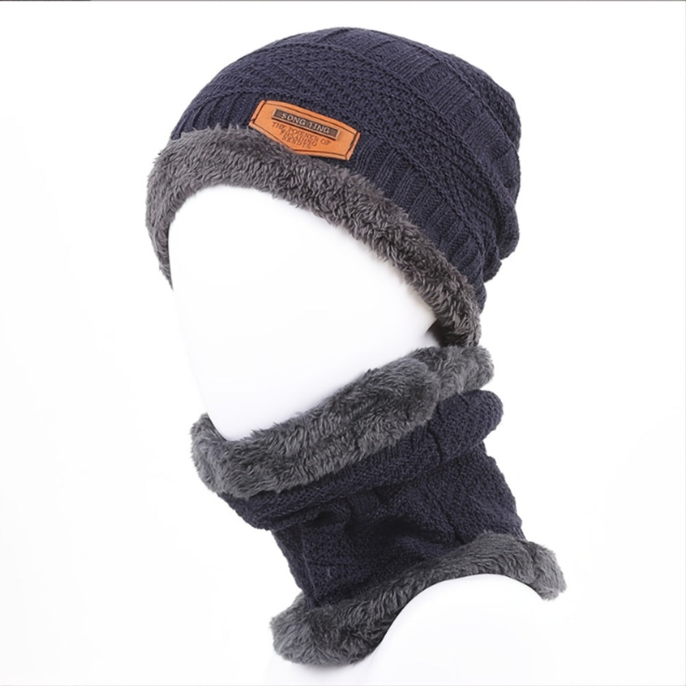 Men's Wool Knitted Plus Fleece Thick Hat Scarf