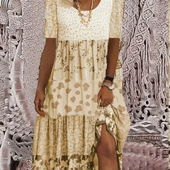 Casual Colorblock Floral Print Short Sleeve Round Neck Dress