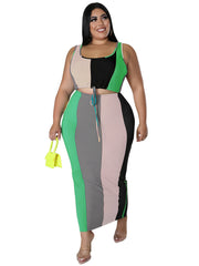 Colorblock Ribbed Tank Top & Skirt Set Women's Plus Medium Stretch 2pc