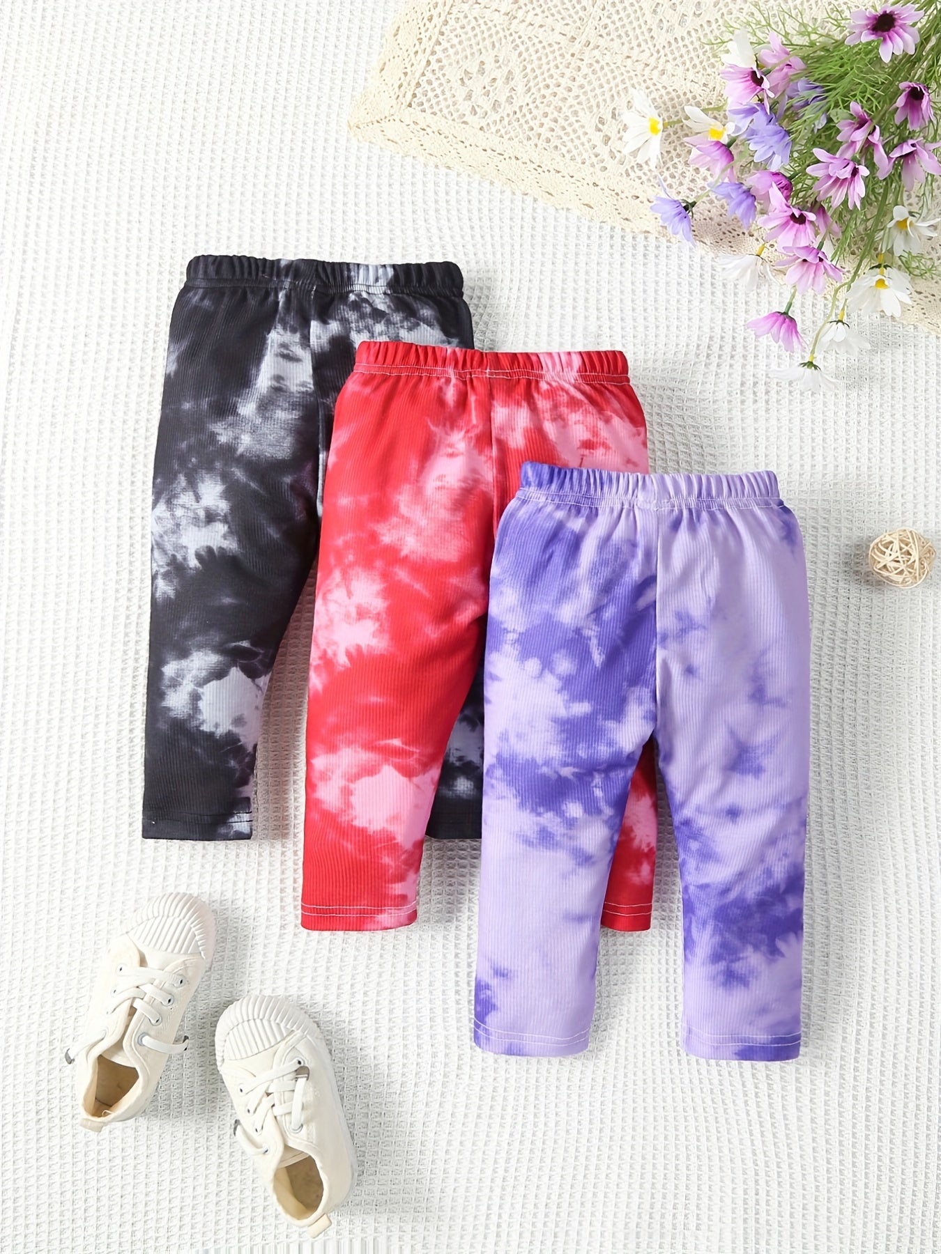 3pcs Baby's Tie Dye Ribbed Long Pants Spring Autumn Trousers