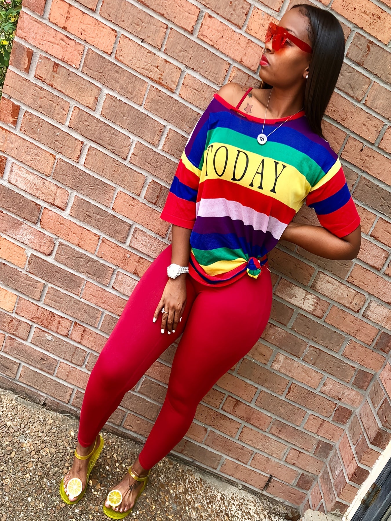 Women's Rainbow Striped Short Sleeve T-shirt & Solid Pants Set