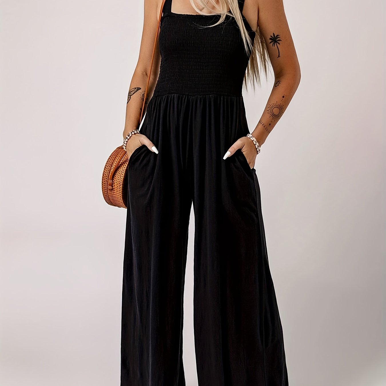 Casual Jumpsuit Women's PlusSolid Shirred Pocketed Wide Leg Tank Jump
