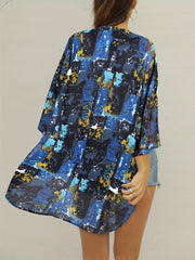Multicolored Cover Up Shirt V Neck Half Sleeves Non Stretch Beachwear