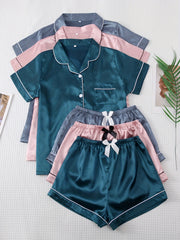 Satin Pajama Set Short Sleeve Top & Bow Shorts Women's Sleepwear