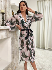 Leaf Print Striped Night Robe Long Sleeve V Neck Robe With Belt
