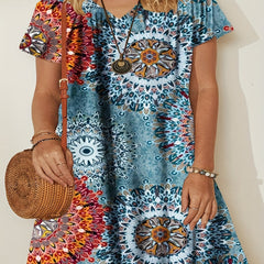 Women's Plus Tile Print V Neck Stretch Dress