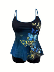 Tie Dye & Butterfly Print Tankini Set Women's Two Piece Swimsuit