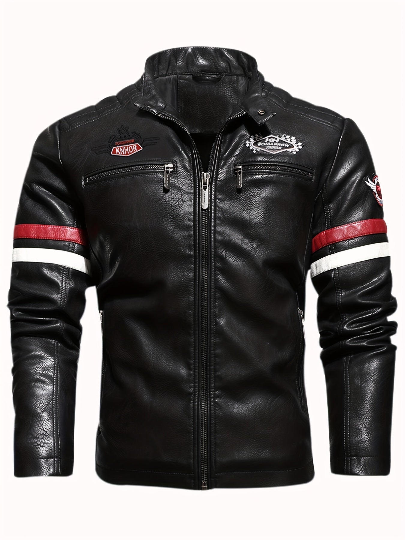 Men's Embroidery Cycling Jacket Casual Stand Collar PU Leather Zip Up Jacket