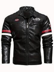 Men's Embroidery Cycling Jacket Casual Stand Collar PU Leather Zip Up Jacket