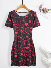 Heart Print Bodycon Dress Crew Neck Short Sleeve Women's Clothing