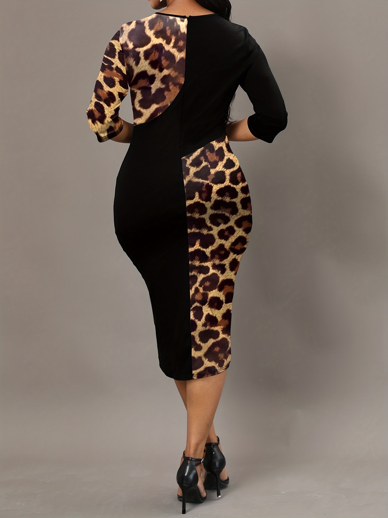 Leopard Splicing Dress Keyhole 3/4 Sleeve Pencil Dress
