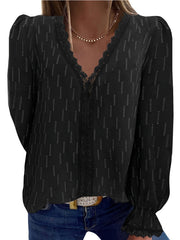 Plus Size Stripe Print Lace Lantern Sleeve V Neck Top