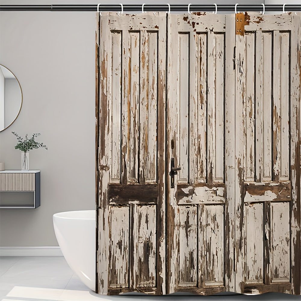 Wooden Door Shower Curtain Waterproof Rust Resistant Grommets Hooks