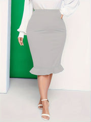 Solid High Rise Ruffle Trim Midi Skirt