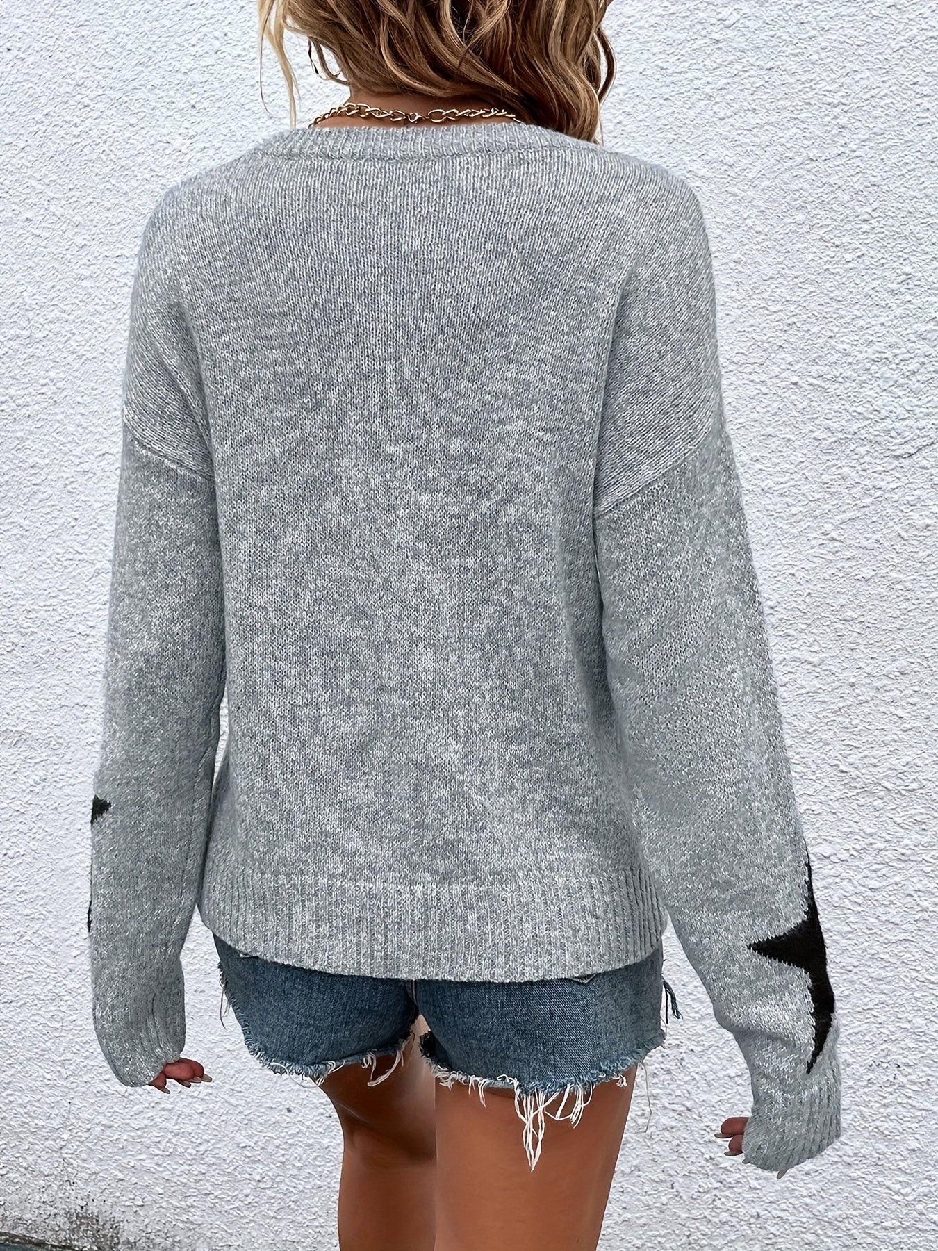 Star Pattern Crew Neck Pullover Sweater for Women