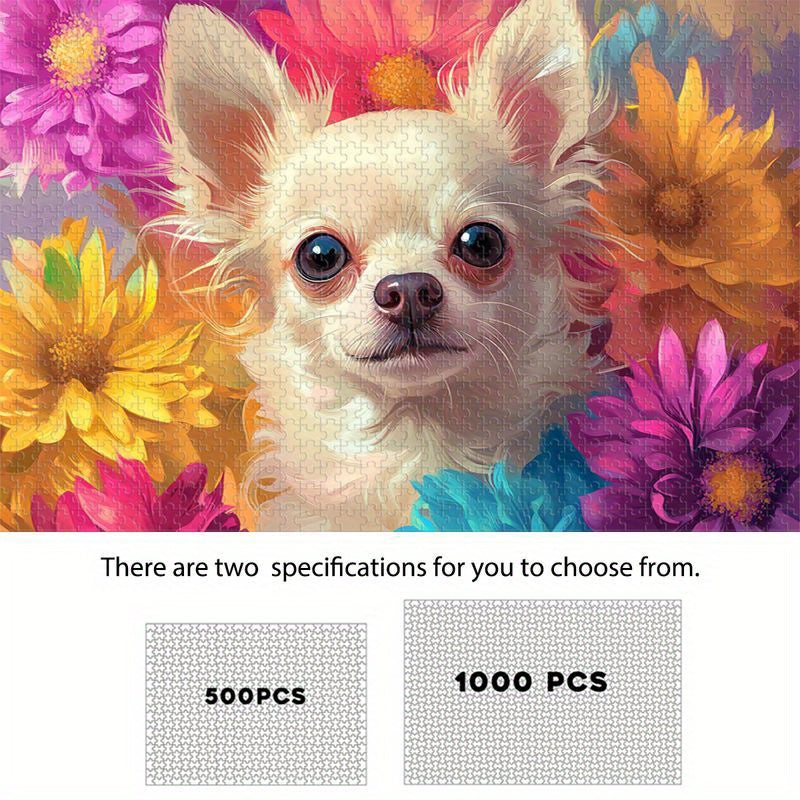 Chihuahua in Flower Bush Wooden Jigsaw Puzzle High Difficulty Level