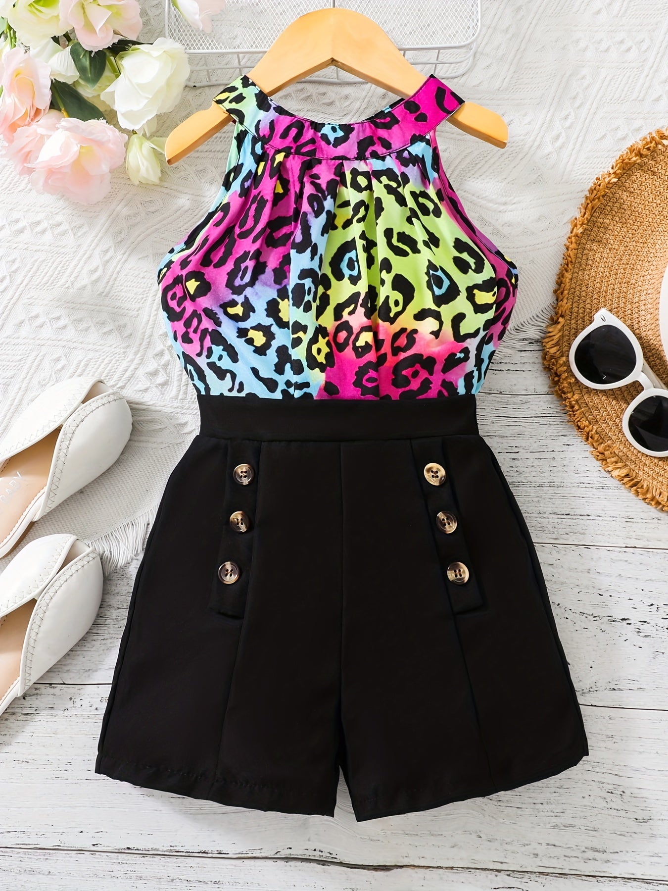2pcs Toddler Girls Cow Graphic Halter Top & Double Breasted Shorts Set