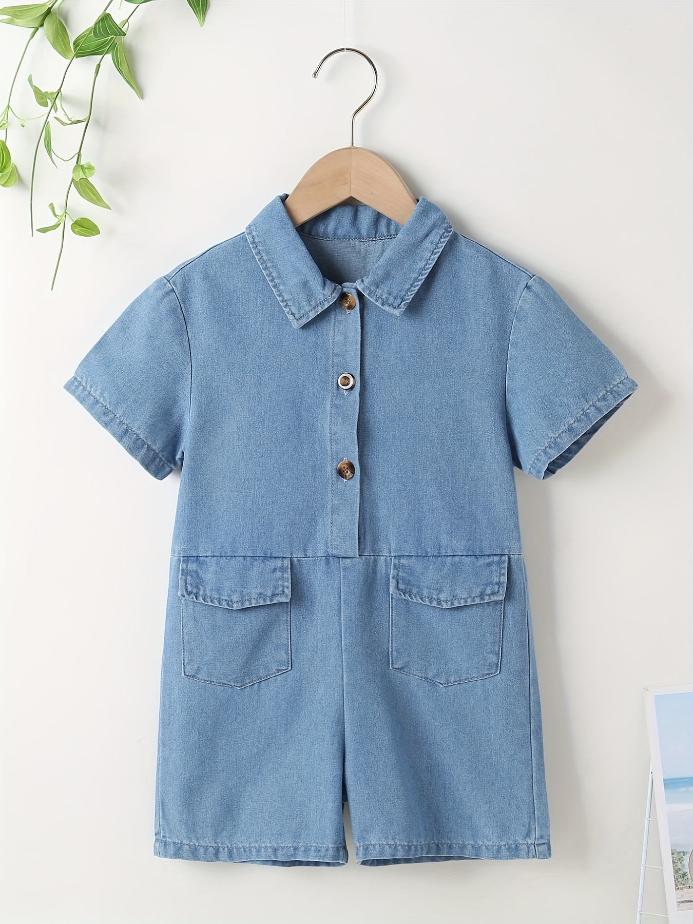 Girls Denim Overall Romper Shorts - Kids Casual Collared Short Sleeve