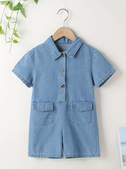 Girls Denim Overall Romper Shorts - Kids Casual Collared Short Sleeve