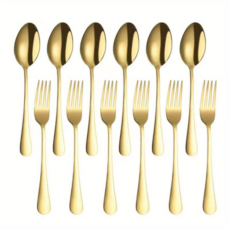 12pcs Stainless Steel Dessert Fork & Spoon Set for Home Kitchen Restaurant