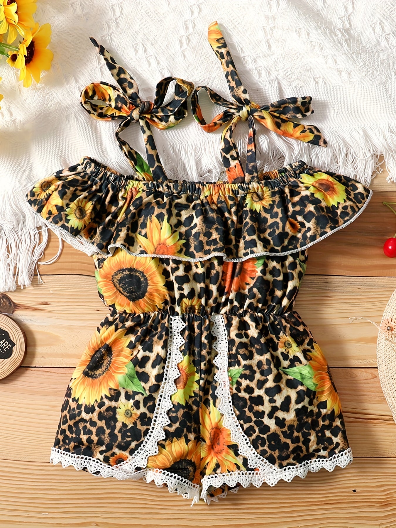 Leopard & Sunflower Pattern Romper w/ Ruffle & Lace for Kids - Spring Summer