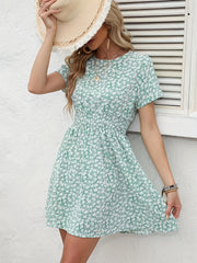 Floral Print Shirred Waist Dress Crew Neck Short Sleeve Dress