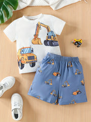 2pcs Toddler Boys Excavator Graphic T-Shirts & Shorts Set