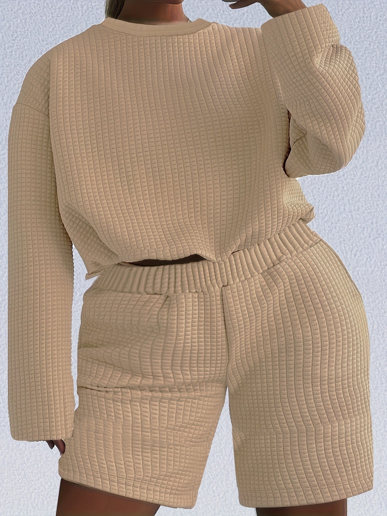 Women's Plus Solid Waffle Knit Long Sleeve Top & Shorts Set