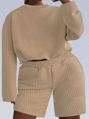 Women's Plus Solid Waffle Knit Long Sleeve Top & Shorts Set