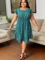 Geometric Print Ruffle Sleeve Smock Dress