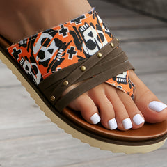 Skull Print Thong Sandals Rivet Detail Summer Flip Flops