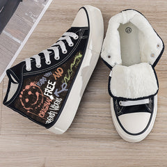 Smiling Graffiti Print Plush Lined Thermal Chunky Canvas Sneakers