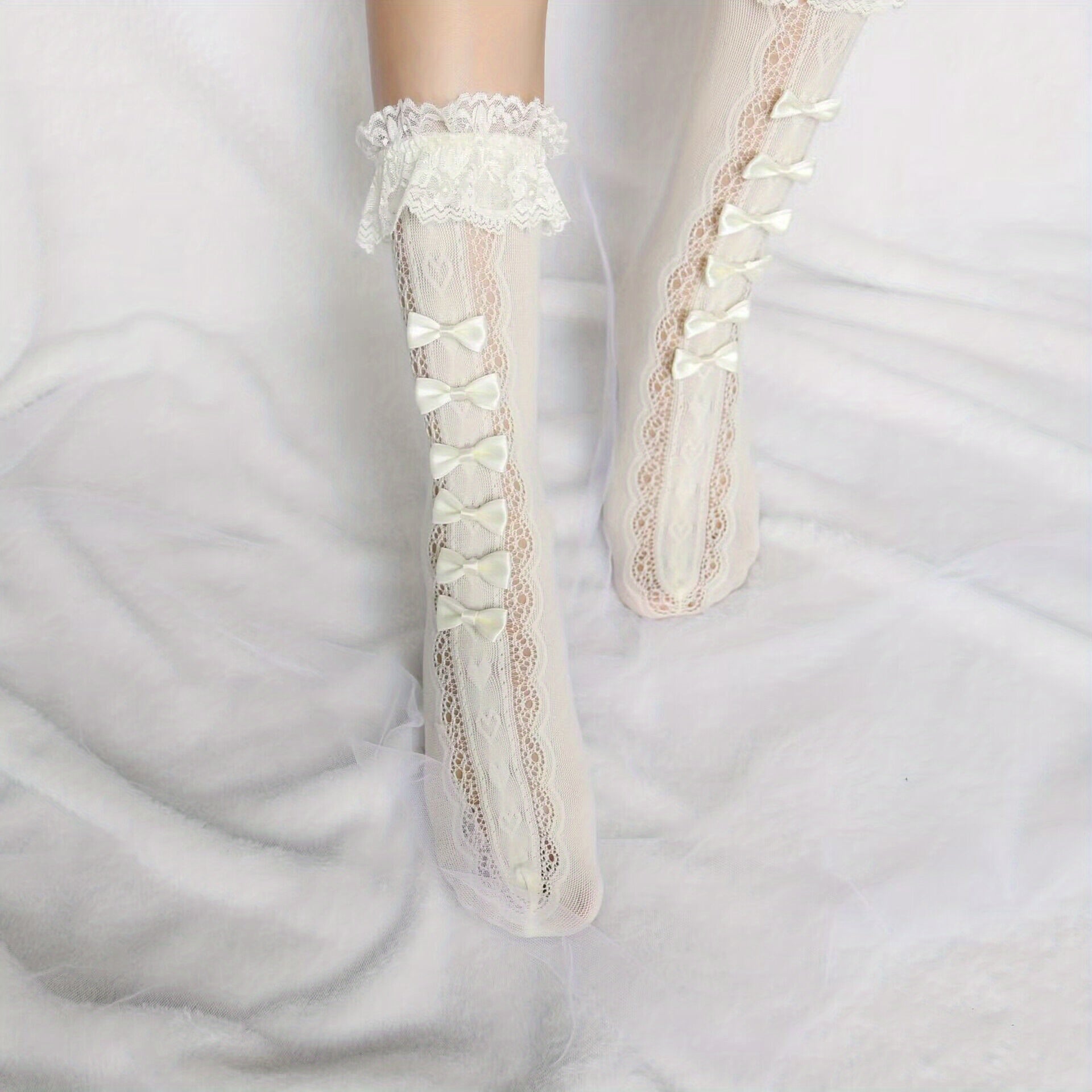 Lace Trim Fishnet BowKnot High Tube Socks