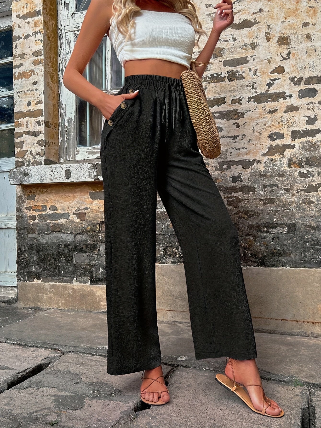 Elastic Waist Straight Leg Pants Casual Button Pocket Loose Pants